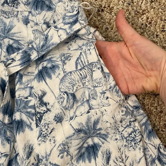 Rachel Zoe White and Blue Safari Linen Blend Midi Shirt Dress with Waist Tie - Picture 9 of 10